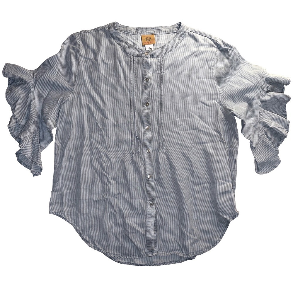 Coastal Ruby Rd Button Up Large Blue Railroad Pinstripe Ruffle Tencel 3/4 Sleeve